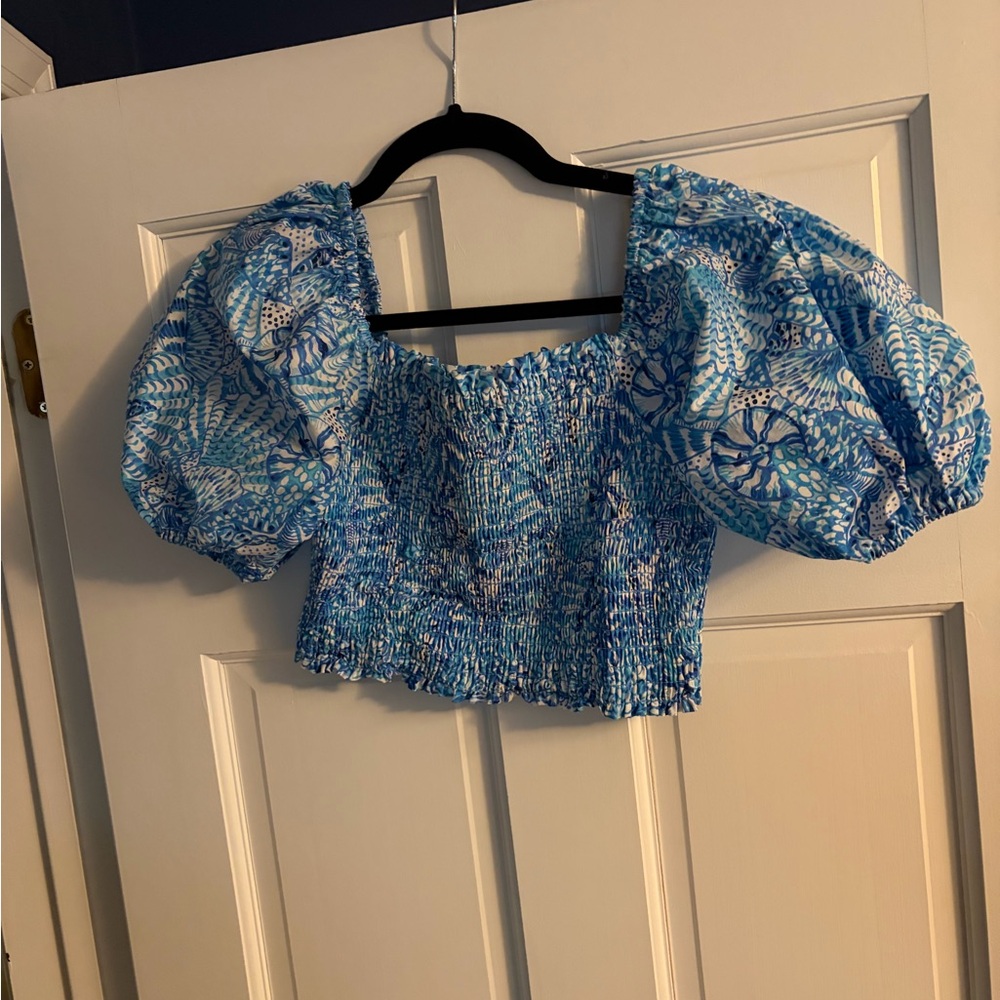 Lilly Pulitzer Blue Patterned Puff Sleeve Blouse